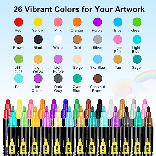 NAWOD 26 Colors Dual Tip Acrylic Paint Pens Markers, Acrylic paint pens for Rock Painting, Canvas, Wood, Glass, Ceramic Surfaces, Stone, Fabric, - WoodArtSupply