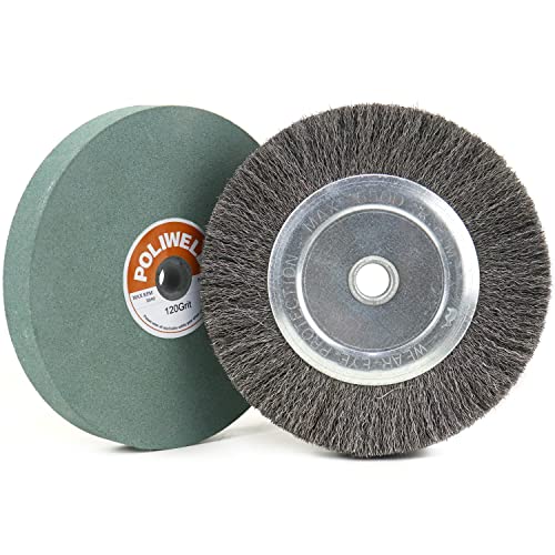 6 Inch Bench Grinder Grinding Wheel & Wire Wheel Brush with 1/2'' Arbor, 120 Grit Silicon Carbide Bench Grinding Wheel for Bench Grinder,for Drill POLIWELL