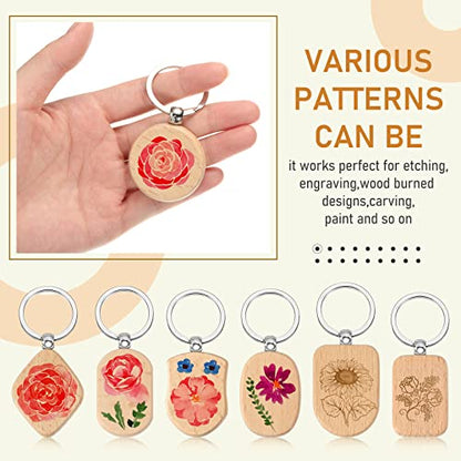 Wood Engraving Blanks Wooden Keychain Assorted Shape Unfinished Wooden Key Tag with Ring for DIY Gift Craft Accessories (40 Pcs)