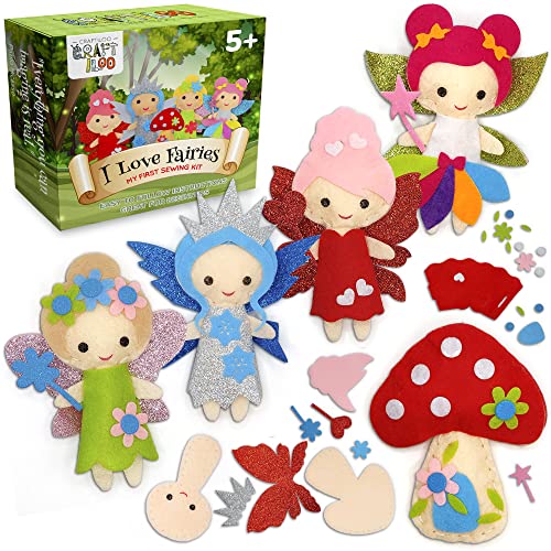 CRAFTILOO Fairy Sewing Kits for Little Girls 5 Easy Projects for Children Beginners Sewing kit Kid Crafts Make Your Own Felt Pillow Plush Craft Kit