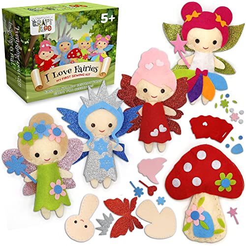 CRAFTILOO Fairy Sewing Kits for Little Girls 5 Easy Projects for Children Beginners Sewing kit Kid Crafts Make Your Own Felt Pillow Plush Craft Kit - WoodArtSupply