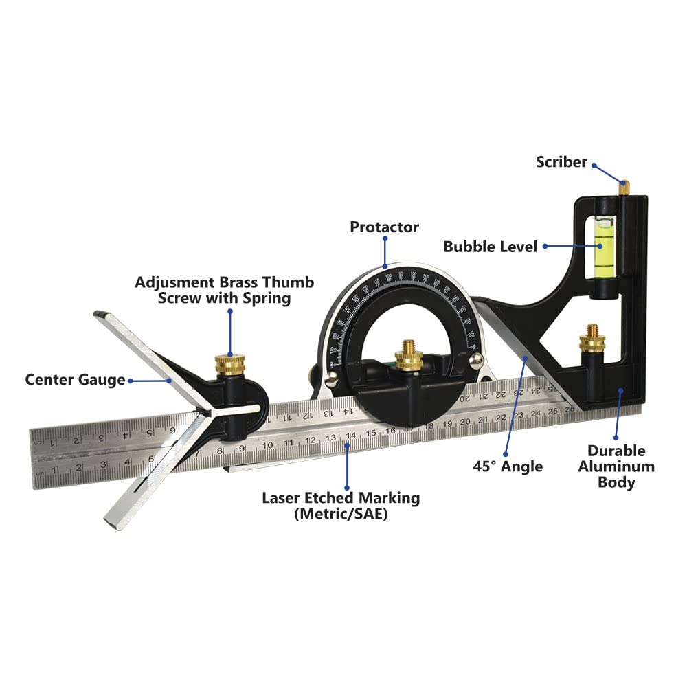 Big Horn 19571 12 Inch Combination Square Set Includes Protractor BIG HORN