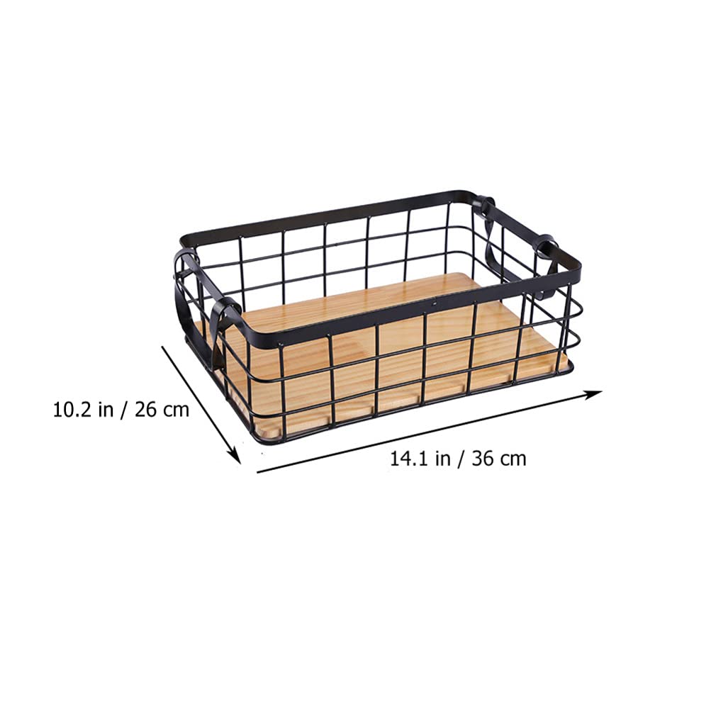 Small Metal Wire Storage Basket, Wood Base Storage Organizer Bin Basket for Kitchen Cabinets, Bathroom, Pantry, Garage, Laundry Room Cabilock
