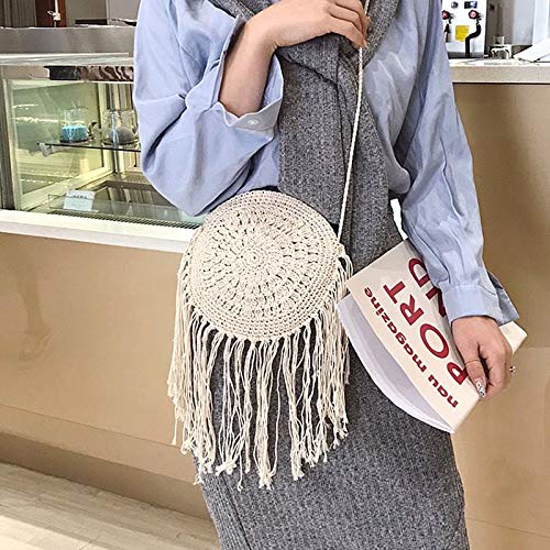 Goclothod Women Crochet Fringed Shoulder Bag Cotton Tassel Crossbody Bag Hippie Beach Purse Off-white - WoodArtSupply