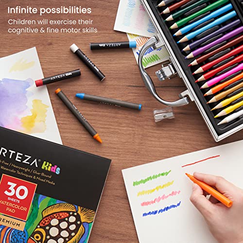 Arteza Kids Painting & Drawing Kit, 75-Piece Artist Bundle — 18 Mini Colored Pencils, 16 Watercolor Cakes, 14 Crayons & 14 Oil Pastels, Art Supplies