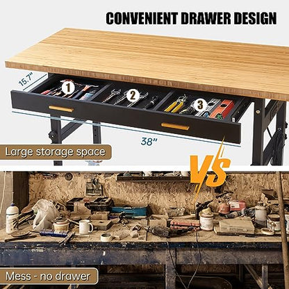 59" Workbench for Garage Work Bench with Drawers, Power Outlets, Casters, Natural Bamboo Wood Top Adjustable Workbench 2000 LBS Load Capacity Work