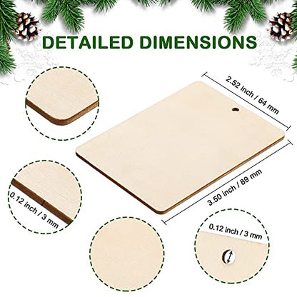 36 Pieces Unfinished Wood Pieces (2.5 x 3.5) Rectangle Square Rustic Blank Wood Tags with Holes Light Wooden Cutouts with 32.8 Feet Rope for Holiday