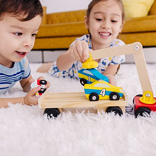 Melissa & Doug Magnetic Car Loader Wooden Toy Set With 4 Cars and 1 Semi-Trailer Truck - Crane Wooden Toy, Vehicle Toys For Kids Ages 3+ - WoodArtSupply