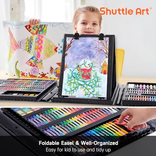 Shuttle Art 335 Piece Kids Art Set, Multi-Media Art Supplies, Gift Art Kit with Trifold Easel, 2 Drawing Pads, 2 Coloring Books, Oil Pastels,