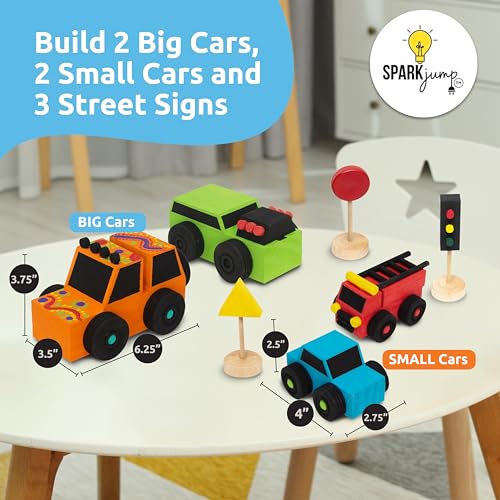 SparkJump Build & Paint Your Own Wooden Cars - Creative & Fun Arts & Crafts for Kids - Woodworking Kit for Kids - Easy to Assemble Wooden Cars to SparkJump