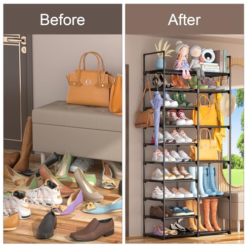 Kottwca 2 Row 10 Tier Tall Shoe Rack Organizer for Closet Entryway, 40-45 Pair Shoe Boot Storage Rack, Metal Shoe Shelf Small Vertical Stackable Shoe Kottwca