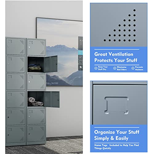 Yizosh Metal Locker with 6 Doors, Tall Steel Storage Lockers for Employees - 71" Locker Storage Cabinets for School, Gym, Home, Office, Garage (Grey) Yizosh