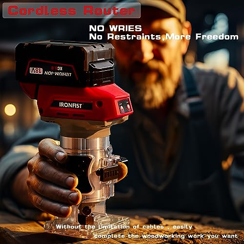 IRONFIST Cordless Trimmer Router Multiple Function Brushelss 1/4" Bit Collet, Max Speed 30000rpm for Wood Working Slotting, Trimming Compatible with - WoodArtSupply