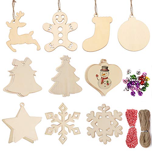 DIYASY Christmas Wood Ornaments for Crafts,60 Pcs DIY Unfinished Wood Cutouts Kit for Kids and Adults Christmas Trees Hanging Decoration DIYASY