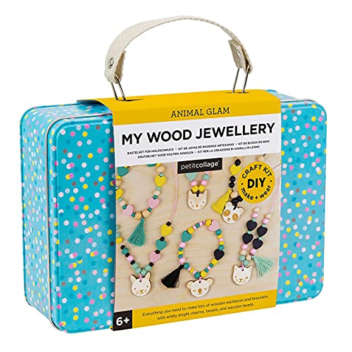 Petit Collage Animal Glam Wood Jewelry Set Craft Kit– Activity Set to Make Charm Bracelets and Necklaces for Women – Creative Toys for Ages 6+ –