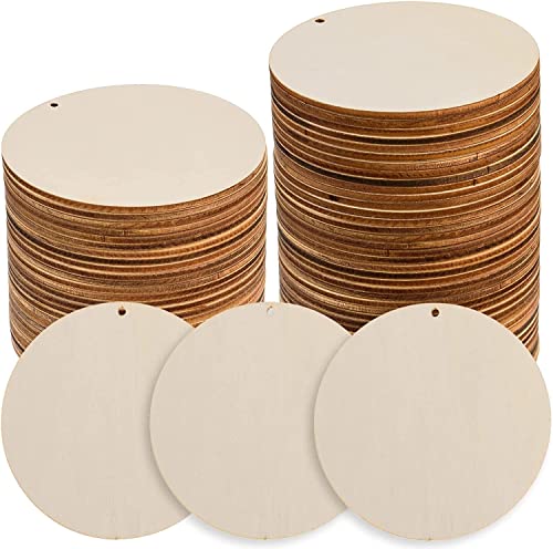120 Pcs 4 Inch Unfinished Rounds Wood Circles with Holes Wooden Tags Round Wood Discs Cutouts for Crafts Natural Blank Wood Circle Ornaments Hanging