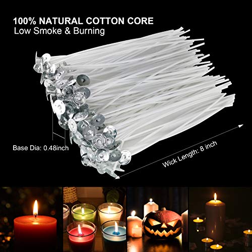 Candle Wicks 100 Pcs 6 inch with 30Pcs Candle Wick Stickers and 10 Pcs Wooden Candle Wick Centering Device for Soy Beeswax Candle Making and Candle AK1980