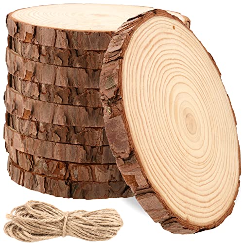 MANCHAP 10 PCS 6.7-7 Inch Drilled Wood Slices, Unfinished Predrilled Wooden Circles with Hanging String, Round Log Discs Log Slices with Holes for Crafts, Painting, Ornaments, Home Decor