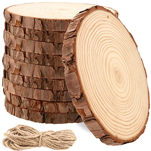 MANCHAP 10 PCS 6.7-7 Inch Drilled Wood Slices, Unfinished Predrilled Wooden Circles with Hanging String, Round Log Discs Log Slices with Holes for