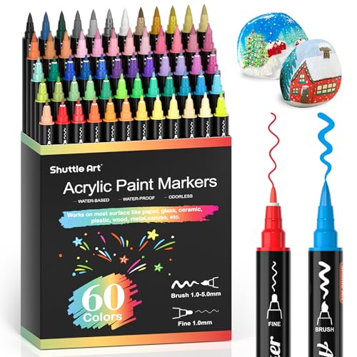 Shuttle Art 60 Colors Dual Tip Acrylic Paint Markers, Brush Tip and Fine Tip Acrylic Paint Pens for Rock Painting, Ceramic, Wood, Canvas, Plastic, Shuttle Art