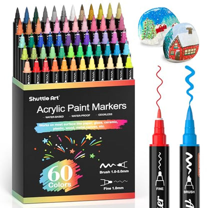 Shuttle Art 60 Colors Dual Tip Acrylic Paint Markers, Brush Tip and Fine Tip Acrylic Paint Pens for Rock Painting, Ceramic, Wood, Canvas, Plastic,