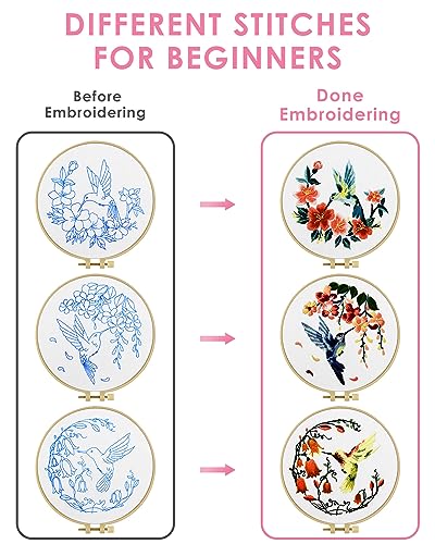 TINDTOP 3 Sets Embroidery Kit for Adult for Beginners, Hummingbird and Flower Embroidery Kit for Beginners Include Embroidery Cloth Hoops Threads for TINDTOP