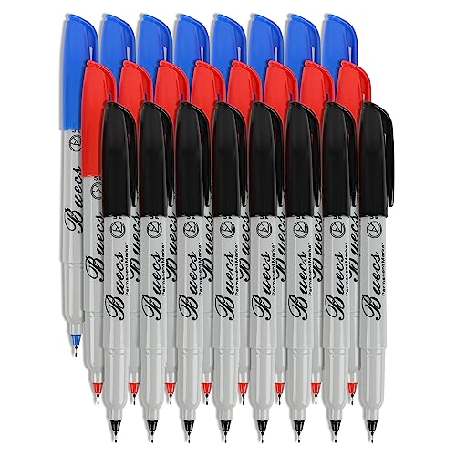 Buecs Permanent Markers, 24 Count Ultra Fine Point Permanent Markers, 3 colors, Works on paper, Plastic, Stone, Glass, Metal Buecs