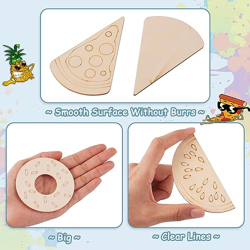 Pandahall 25Pcs Unfinished Summer Theme Wood Slices Watermelon Ice Cream Pineapple Pizza Doughnut Wooden Cutouts Cabochons for Painting DIY Vocation PH PandaHall