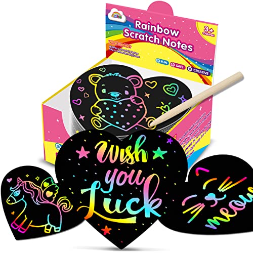 ZMLM Rainbow Scratch Art Party Favors - 160 Mini Heart Scratch Art Note Pads Craft Art Paper for Kids DIY Cards - Black Scratch Art Supplies Birthday - WoodArtSupply