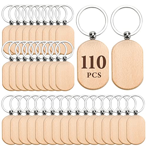 Auihiay 110 Pieces Wood Keychain Blanks, Wood Key Chain Bulk, Unfinished Wood Keychain Blanks for Laser Engraving and Chrismas DIY Crafts (Rectangle)