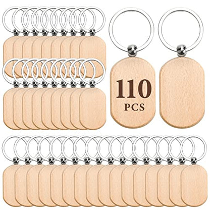Auihiay 110 Pieces Wood Keychain Blanks, Wood Key Chain Bulk, Unfinished Wood Keychain Blanks for Laser Engraving and Chrismas DIY Crafts (Rectangle)