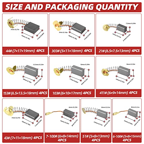 QCDENG 40PCS Electric Motor Carbon Brushes Replacement Repair Tool Set,10 Different Sizes Graphite Carbon Brush for Motor QCDENG