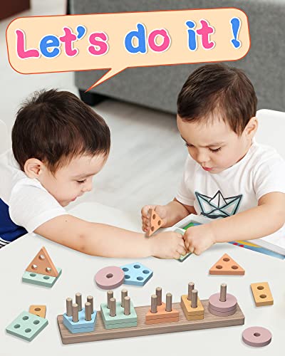 Montessori Toys for 1 to 3-Year-Old Boys Girls Toddlers and Kids Preschool,  Wooden Sorting & Stacking Educational Toys, Color Recognition Stacker