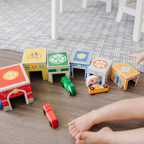 Melissa & Doug Nesting and Sorting Blocks - 6 Buildings, 6 Wooden Vehicles - Numbers Learning, Car Garage, Sorting And Stacking Toys For Toddlers Melissa & Doug