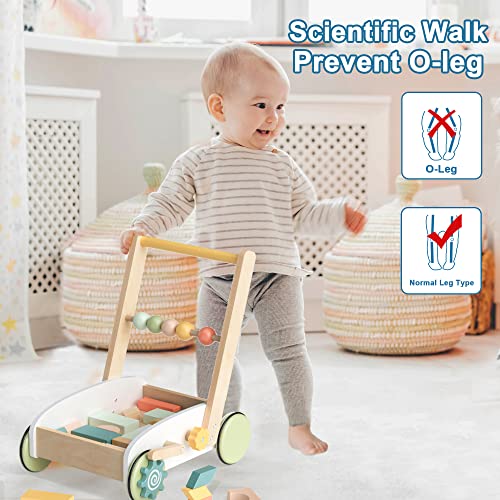 ROBOTIME Wooden Baby Push Walker Toy with Blocks,Baby Learning Walker Toddler Push Toys for 1 2 3 Yr Old, Toddler Activity Walker for Small Girls