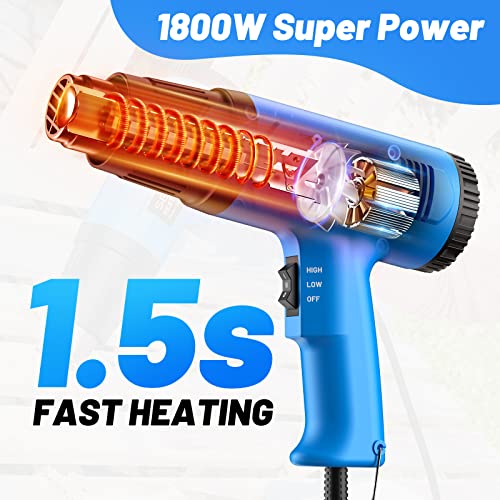 SEEKONE Heat Gun, 1800W Heavy Duty Hot Air Gun Kit with 572℉&1112℉ Dual-Temperature Settings and 4 Nozzles for Shrinking PVC,Stripping Paint, Crafts SEEKONE