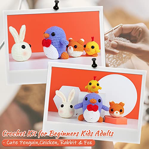 Coopay Crochet Kit for Beginners Kids Adults - Cute Penguin, Chicken, Rabbit & Fox, Complete Crochet Set with 4 Different Crochet Patterns, DIY Coopay