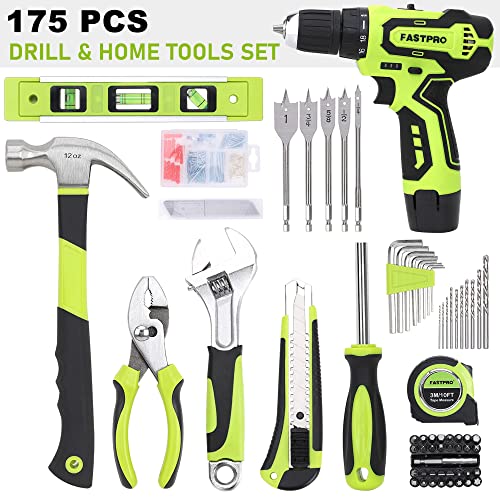FASTPRO 175-Piece 12V Cordless Drill Set, Drill Driver and Home Tool Kit, House Repairing Tool with 12-Inch Storage Tool Bag, For DIY, Home FASTPRO
