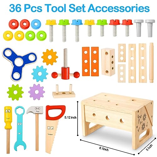 BAODLON Tool Kit for Kids, 36 Pcs Wooden Toddler Tools Set Include Tool Box, Montessori Stem Learning Educational Construction Toys for 2 3 4 5 Year