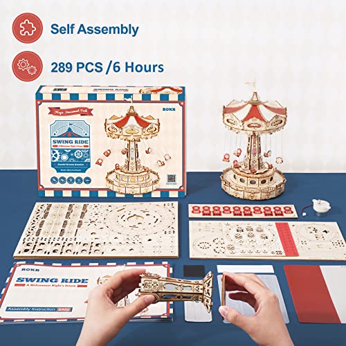 ROKR Classic 3D Wooden Music Box Kit with LED Swing Ride Mechanism for Adults and Kids ROKR