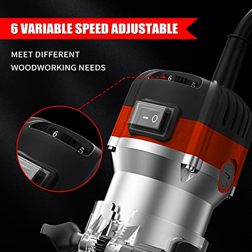 Wood Router Tool Woodworking Trimmer - 6 Variable Speed 1.25HP with 15 Pieces 1/4" Router Bits Set Electric Handheld Corded Palm Wood Router