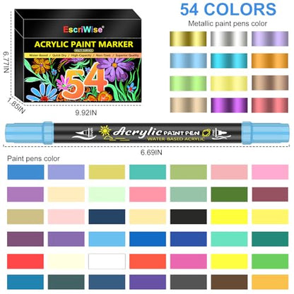 EscriWise 54 Colors Acrylic Paint Pens Paint Markers Set,Dual Tip Paint Markers With Fine Tip and Brush Tip,Premium Paint Pens for Stone,Canvas,Rock - WoodArtSupply