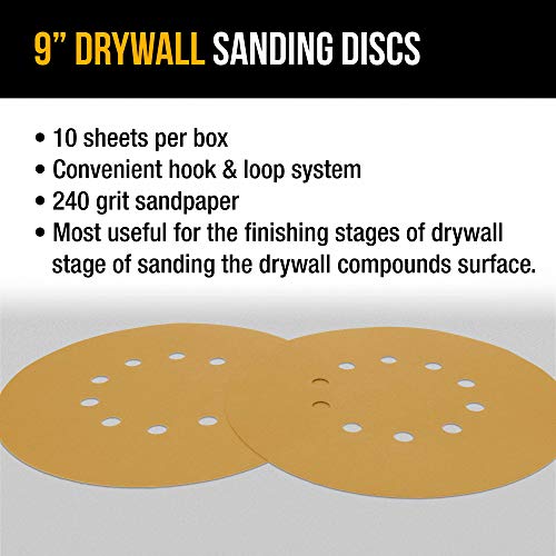 Dura-Gold Premium 9" Drywall Sanding Discs - 240 Grit (Box of 10) - 10 Hole Pattern Sandpaper Discs with Hook & Loop Backing, Fast Cutting Aluminum Dura-Gold