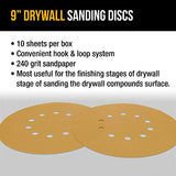 Dura-Gold Premium 9" Drywall Sanding Discs - 240 Grit (Box of 10) - 10 Hole Pattern Sandpaper Discs with Hook & Loop Backing, Fast Cutting Aluminum Dura-Gold