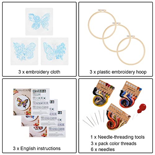 Anidaroel 3 Sets Butterfly Flower Pattern Embroidery Starter Kit for Beginners, Stamped Cross Stitch Kits for Beginners Adults Include Embroidery Anidaroel