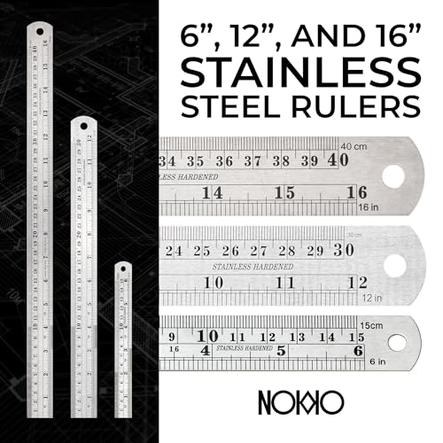 Nokko 4-Piece Woodworking Ruler Set - Woodworking Tools Bundle with 12 Inch Aluminum Slide Rule with Slide Stop, Plus 6", 12" & 16" Stainless Steel NOKKO