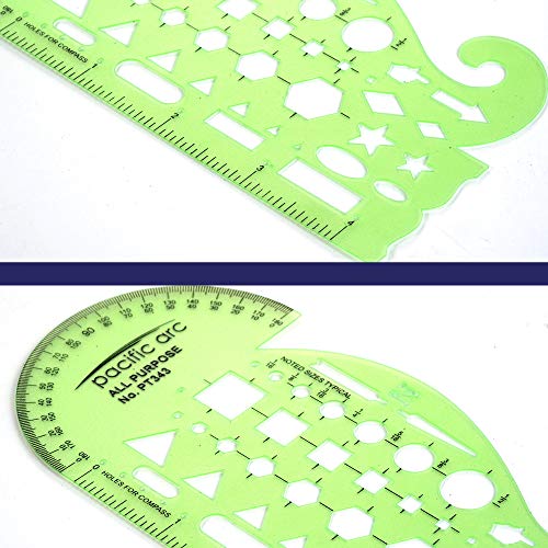 Pacific Arc All Purpose Template Guide, Featuring A Protractor, 4 Inch Ruler, French Curves, and Standard Shapes Pacific Arc
