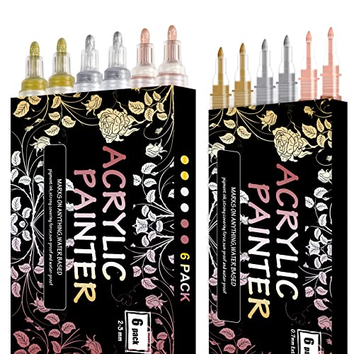 JEFFNIUB Gold,Silver,Rose Gold Paint Pens 6pcs 0.7 Fine Tip+6pcs 2mm Medium Tip Metallic Acrylic Paint Markers, Bundle for Fabric,Wood, Paper, Photo JEFFNIUB