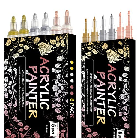 JEFFNIUB Gold,Silver,Rose Gold Paint Pens 6pcs 0.7 Fine Tip+6pcs 2mm Medium Tip Metallic Acrylic Paint Markers, Bundle for Fabric,Wood, Paper, Photo JEFFNIUB