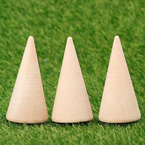 EXCEART 10pcs Wood Craft Cone DIY Wooden Cone Unpainted Wood Cone Ornament to Paint Wood Cone Ring Holder Jewelry Display Stand 2.5x5cm